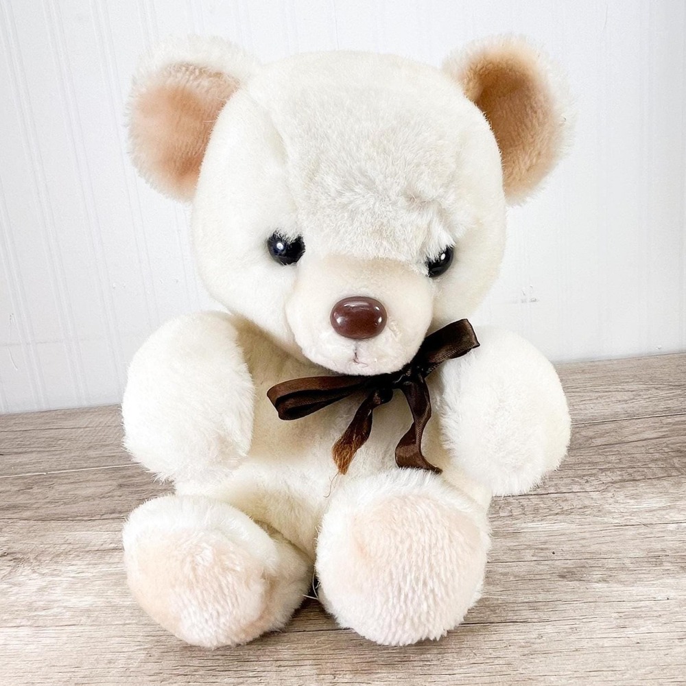 Vintage Russ Berrie Friendly White Teddy Bear: Soft Plush with Bow (12")